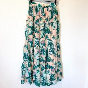 Chicways Peach & Green Tropical Floral Chiffon Flowy Maxi Skirt Medium